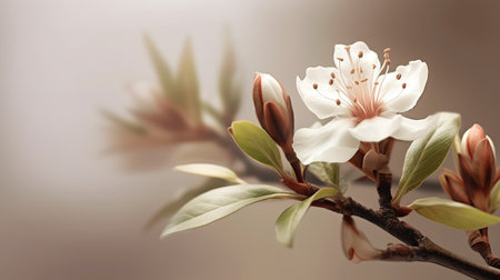 Realistic fruit tree branch with spring flowers. Beautiful almond tree in spring flowering day. Generative AI. Illustration for cover, card, postcard, brochure, advertising or presentation.の素材