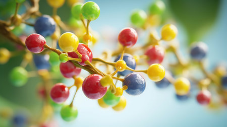 Complex molecular structure with spherical particles. Futuristic technology style. Generative AI. Illustration for banner, poster, cover, brochure or presentation.の素材