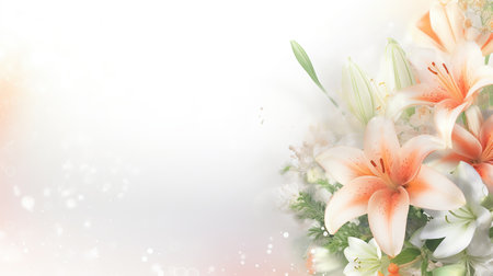 Lily flowers border design. beautiful flower card. Empty place for a text. Generative AI. Illustration for cover, card, postcard, brochur, advertising or presentation.の素材