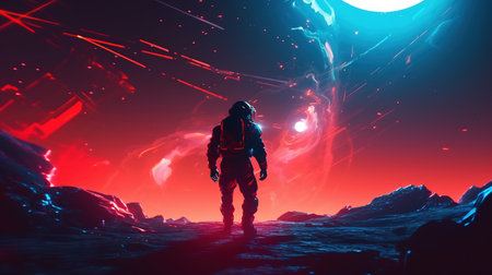 Back view of full body astronaut exploring planet surface. Generative AI. Illustration for banner, poster, cover or presentation.の素材