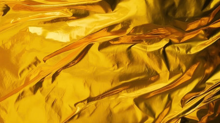Texture of crumpled golden foil sheet. Metallic glossy surfaces. Generative AI. Illustration for banner, poster, cover, brochure or presentation.の素材