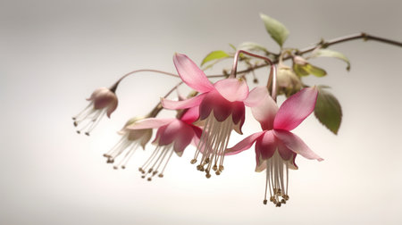 Close up view of the pink fuchsia flower with green leaves. floral background. Generative AI. Illustration for cover, card, postcard, brochure, advertising or presentation.の素材