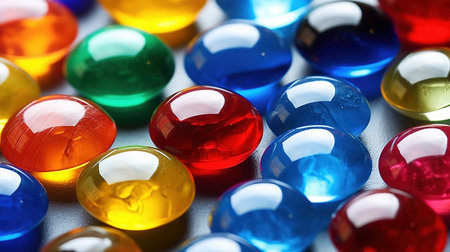 Various glass marbles. Abstract crystalline balls of hydrogel for the background. Beads. Generative AI. Illustration for brochure, cover, poster, presentation or banner.の素材