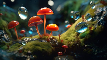 Magical mysterious mushrooms. Growing microorganisms. Generative AI. Illustration for banner, poster, cover, brochure or presentation.の素材