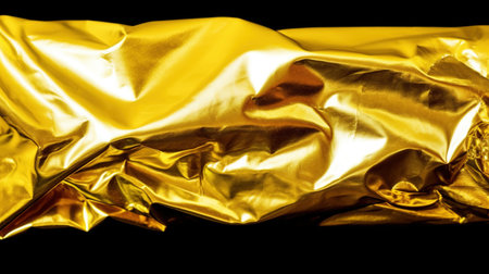 Texture of crumpled golden foil sheet. Metallic glossy surfaces. Generative AI. Illustration for banner, poster, cover, brochure or presentation.の素材