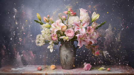 Bouquet with lilys and roses flowers in vase. blooming plants. Generative AI. Illustration for banner, poster, cover, brochure or presentation.の素材