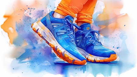 A close up of a pair of walking shoes. modern style. Comfortable urban sports sneakers. Fashion trendy style. One step at a time. Generative AI. Illustration for print, poster, cover or brochure.の素材