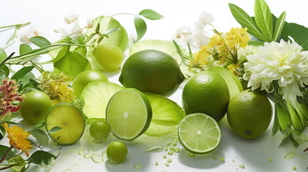 Many fresh lemon and lime fruit with green leaves and flower. Fruit backdrop. Generative AI. Illustration for cover, card, postcard, brochure, advertising or presentation.の素材