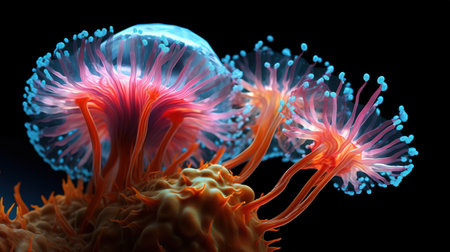 Wonderful aquatic life in ocean seabed. anemones. Coral reef design. Generative AI. Illustration for banner, poster, cover, brochure or presentation.の素材