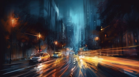 Car riding on a city road at night. Generative AI. Illustration for banner, poster, cover or presentation.の素材