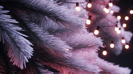 Close up of a frozen pine tree branch. christmas wallpaper. new year background. Generative AI. Illustration for cover, card, postcard, interior design, decor, packaging, invitations or print.の素材