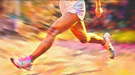 Close up view of runner sport shoes. Marathon runner. Feet in running sneaker shoes. people activity. Generative AI. Illustration for print, poster, cover or brochure.の素材