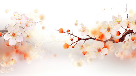 Realistic fruit tree branch with spring flowers. Beautiful flowering apple tree in spring day. Generative AI. Illustration for cover, card, postcard, brochure, advertising or presentation.の素材
