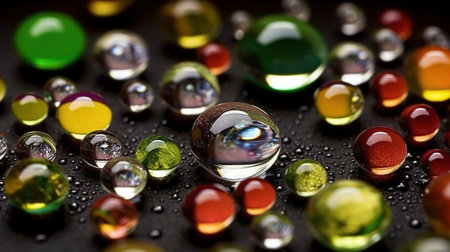 Various glass marbles. Abstract crystalline balls of hydrogel for the background. Beads. Generative AI. Illustration for brochure, cover, poster, presentation or banner.の素材