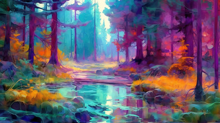 Fantastic colorful forest landscape with streamlet. Abstract design with surreal scenery. Generative AI. Illustration for cover, postcard, interior design, invitations or print.の素材