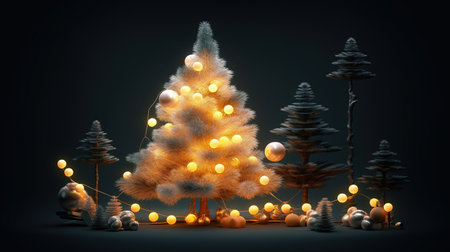 Winter forest with glowing christmas tree. The art composition with night forest. Generative AI. Illustration for cover, card, postcard, banner, poster, brochure or presentation.の素材