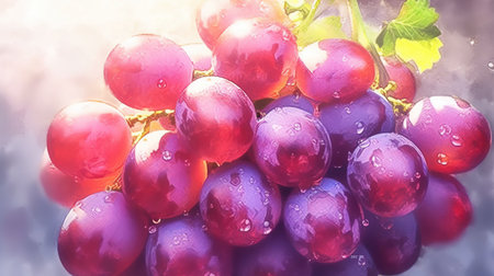 Bunch of red grapes with stem and leaf. healthy fruits. Generative AI. Illustration for cover, card, postcard, interior design, decor, packaging, invitations or print.の素材