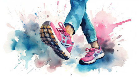 A close up of a pair of walking shoes. modern style. Comfortable urban sports sneakers. Fashion trendy style. One step at a time. Generative AI. Illustration for print, poster, cover or brochure.の素材