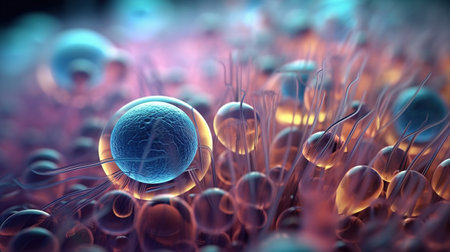 Fantastic abstract alien organic tissue. microbiology research. Generative AI. Illustration for banner, poster, cover, brochure or presentation.の素材