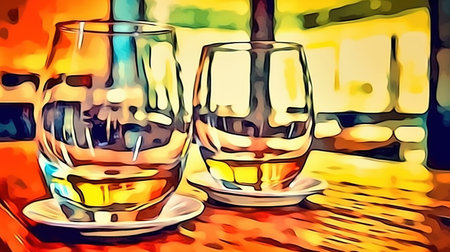 Abstract bright drinking illustration with whiskey tumbler glasses. modern design. digital artistic background. Generative AI for banner, card, postcard, interior design, cover, brochure, presentationの素材