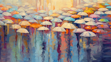 Abstract illustration with many open umbrellas. rainy day. Generative AI. Illustration for cover, card, postcard, interior design, decor, packaging, invitations or print.の素材