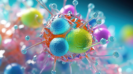 Fantastic abstract alien organic tissue. microbiology research. Generative AI. Illustration for banner, poster, cover, brochure or presentation.の素材