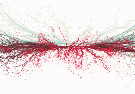 Point explode. Array with dynamic emitted particles. 3d technology style. Abstract background. Vector illustration.のイラスト素材