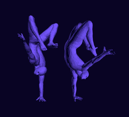 Man making one arm handstand. Gymnast. 3D vector illustration for fitness studio, dance class, yoga or aerobics training.のイラスト素材