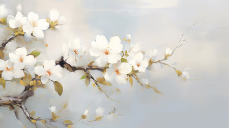 Realistic fruit tree branch with spring flowers. Beautiful flowering apple tree in spring day. Generative AI. Illustration for cover, card, postcard, brochure, advertising or presentation.の素材