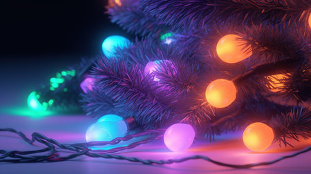 Realistic glowing garland for your design. christmas lights. X-mas, New Year or Birthday decor. party event decoration. Generative AI. Illustration for poster, cover, card or presentation.の素材