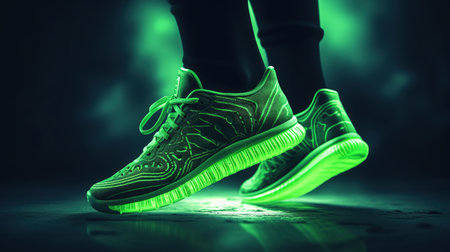 Green neon sneakers on a black background with copy space for text or design. A close up of a pair of walking shoes. Fashion trendy style. Generative AI. Illustration for poster, cover or brochure.の素材