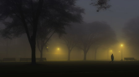 Fog in the park an autumn day. Surreal man walking in the park at night. Generative AI. Illustration for banner, poster, cover, brochure or presentation.の素材