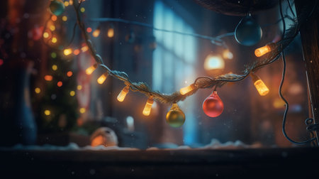 Christmas decoration on window. Burning candles and festive garland. New Year festive glowing decoration. Concept of cozy home in winter. Generative AI illustration for design.の素材