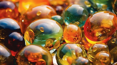 Various glass marbles. Abstract crystalline balls of hydrogel for the background. Beads. Generative AI. Illustration for brochure, cover, poster, presentation or banner.の素材