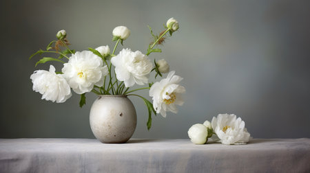 Bouquet of white peony flowers in a ceramic vase. blooming plants. Generative AI. Illustration for banner, poster, cover, brochure or presentation.の素材