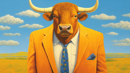 Anthropomorphic bull dressed dressed in a suit like a businessman. Portrait man with an animal face. human characters through animals. creative ideas. bodyguard. Generative AI illustration.の素材