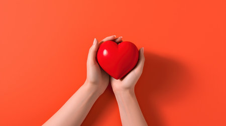 Heart at the human hands. Concept of love, charity, philanthropy and donation. Generative AI. Illustration for cover, card, postcard, interior design, decor, packaging, invitations or print.の素材
