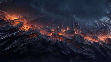 Red lava on a black volcanic ground. Dark texture background. Dangerous nature environment. Eruption of active volcano. Generative AI illustration for cover, card, postcard, brochure or advertising.の素材