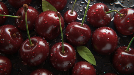 fresh red cherry. Food ecology and agriculture. Fruit background with berries. Generative AI. Illustration for banner, poster, cover or presentation.の素材