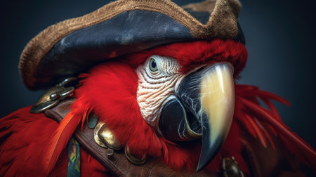 Fearless pirate parrot keeping watch for danger. Red tropical tamed bird in a cocked hat pirate. Generative AI. Illustration for cover, card, postcard, interior design, decor, invitations or print.の素材