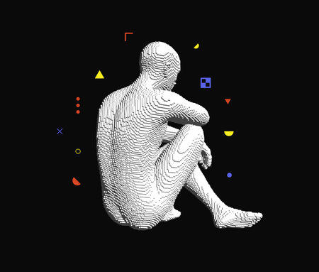 Idea generation concept. Now is the time to create something new. Man sitting on the floor with his back to us. He has a lot of ideas. Voxel art. 3D vector illustration.のイラスト素材
