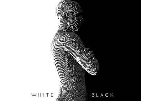 Man crossing his arms over his chest. Positive or negative concept. Each choice has a white side and a black side. Management or leadership. Voxel art. 3D vector illustration.のイラスト素材