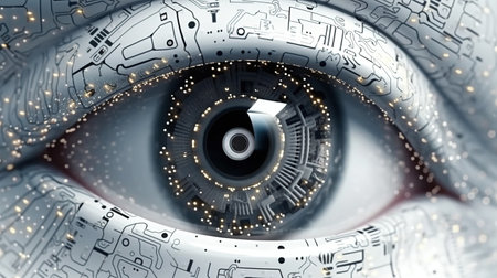 Close up of a robot eye. Artificial intelligence. Concept of technological vision or artificial intelligence control. Generative AI. Illustration for banner, poster, cover, brochure or presentation.の素材