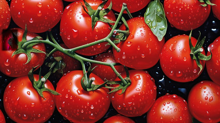 Wet whole tomatoes arranged. A pile of fresh organic tomatoes. Nature background. Food ecology and agriculture. Generative AI. Illustration for banner, poster, cover, brochure or presentation.の素材