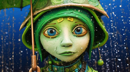 A cute and quirky fairy tale character with a green face and an umbrella under heavy rain on a blue background. Fantasy scenery. Generative AI. Illustration for cover, card and other designs.の素材