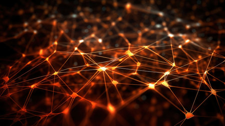 grid surface. Abstract science or technology background. Digital background with glowing particles and lines. Big data visualization. Generative AI. Illustration for cover, brochure or presentation.の素材