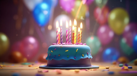 Birthday cake with colorful candles. Generative AI. Illustration for banner, poster, cover, brochure or presentation.の素材