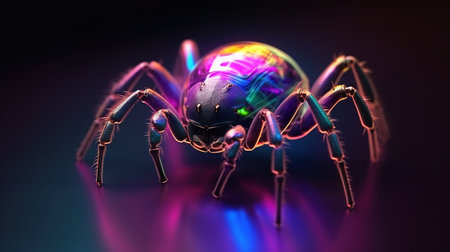 Robotic mechanized spider in the dark. Suitable for horror, halloween and technology themes. Generative AI. Illustration for banner, poster, cover, brochure or presentation.の素材