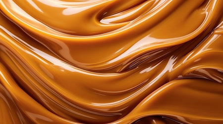 Liquid sweet melted caramel. Wavy abstract background. Peanut butter. Generative AI. Illustration for banner, poster, cover, brochure or presentation.の素材