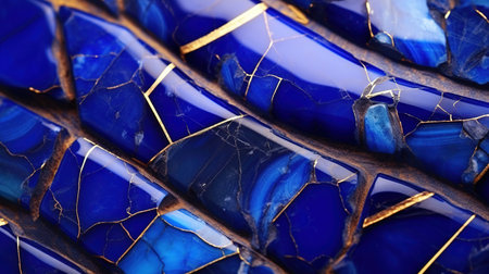 Blue convex mosaic background with golden veins. The texture of the ceramic tile. Generative AI. Illustration for cover, card, postcard, interior design, decor, packaging, invitations or print.の素材